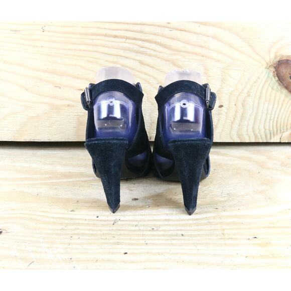 All Saints Womens 6.5 Black Suede Ulla Peep Toe Heels Sandals Strappy Buckle - Picture 4 of 8